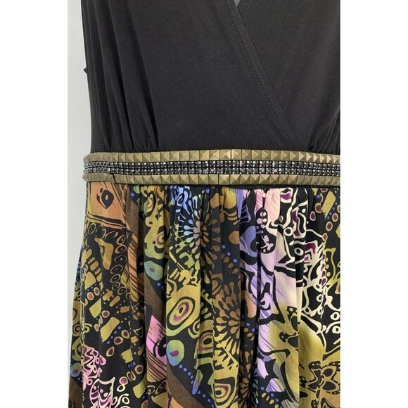 Connected Apparel Women Dress Size 14 Black Boho Print Beaded V Neck Sleeveless - Picture 3 of 7